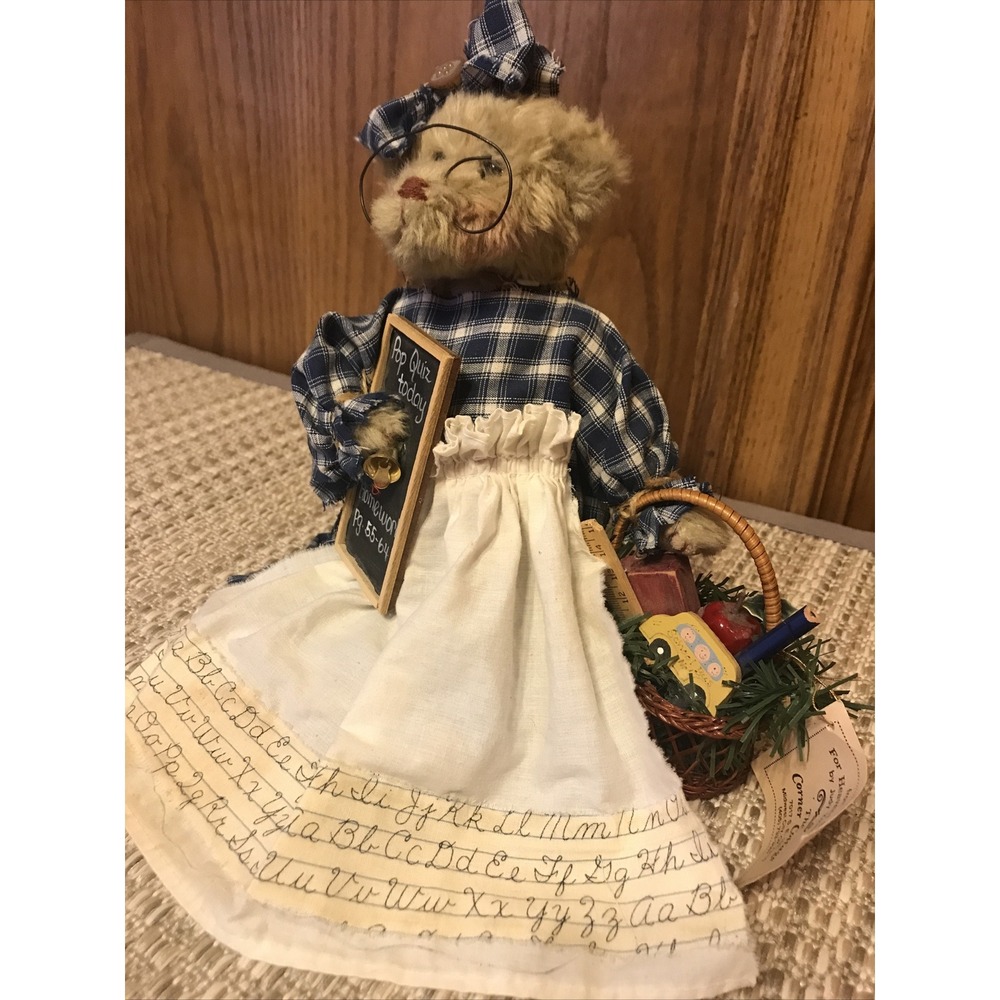 Vintage Country‎ Teacher Bear Doll Plaid Dress Chalkboard Basket Decor - Picture 4 of 8